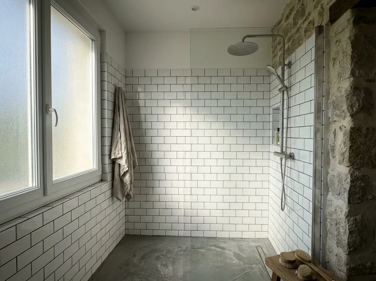 Salle de bain rénovée, douche italienne, mur en pierre