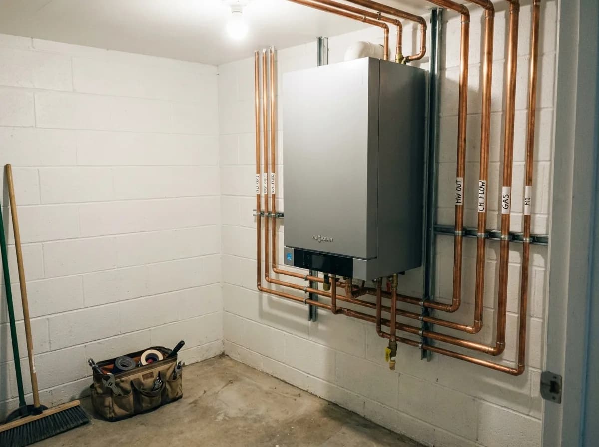 Chaufferie avec pipes cuivre étiquetés